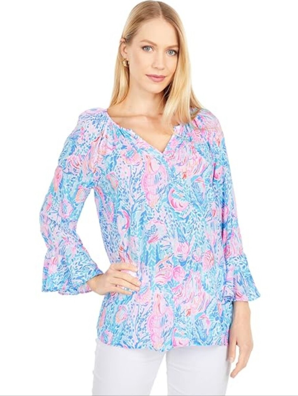 Lilly Pulitzer Pink & Blue Printed V-Neck Tunic With Bell Sleeves